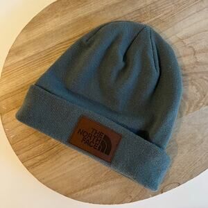 The North Face Teal Blue Fold Over Leather Logo Unisex Beanie Hat